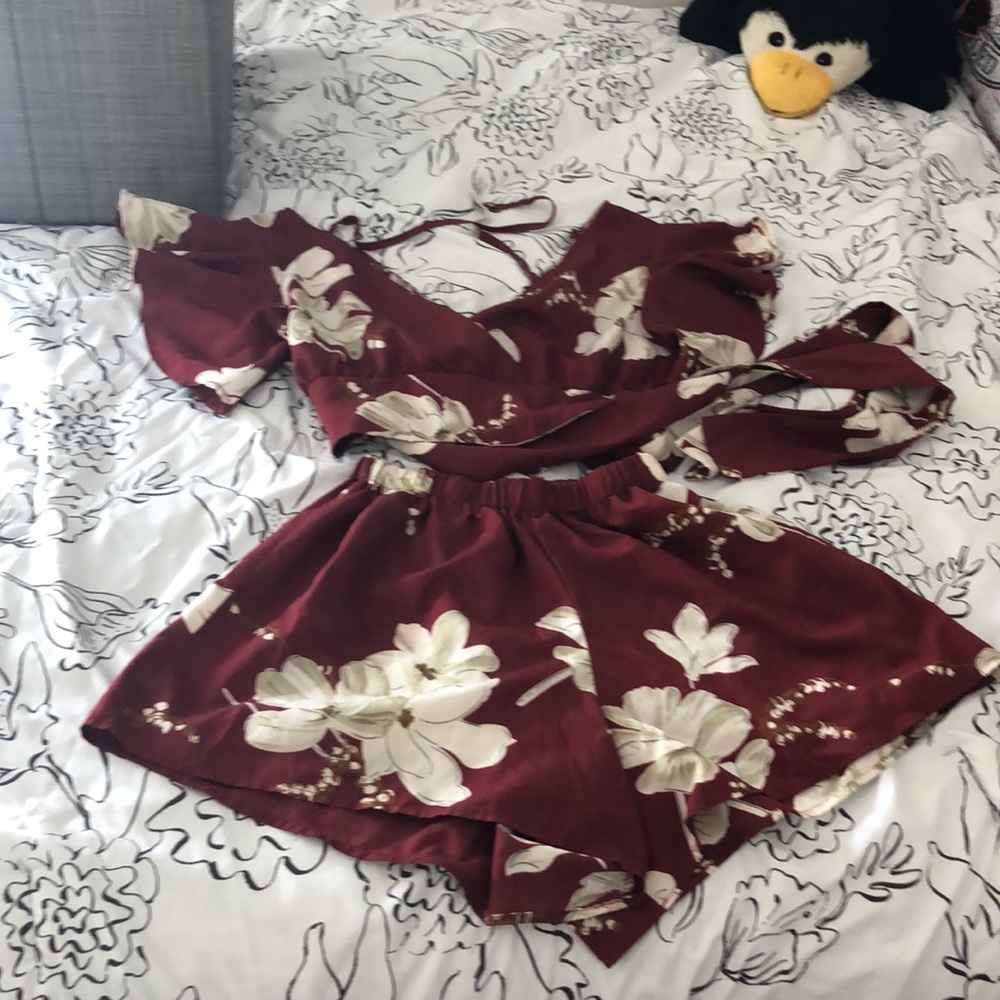 Burgundy and white floral co-ord (shorts and top)